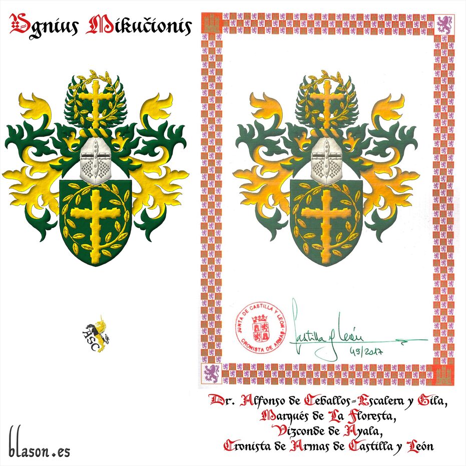 Escudo de sinople, una cruz latina ecotada, de cuyo flanco siniestro nace una rama hojada que rodea la cruz por su parte superior hasta enlazarse sobre su nacimiento, toda de oro. Timbrado de yelmo de frente, adornado de dos lambrequines de sinople doblados de oro, un burelete de oro y sinople, cimado de un vuelo de sinople, resaltado de una cruz latina ecotada, de cuyo flanco siniestro nace una rama hojada que rodea la cruz por su parte superior hasta enlazarse sobre su nacimiento, toda de oro.