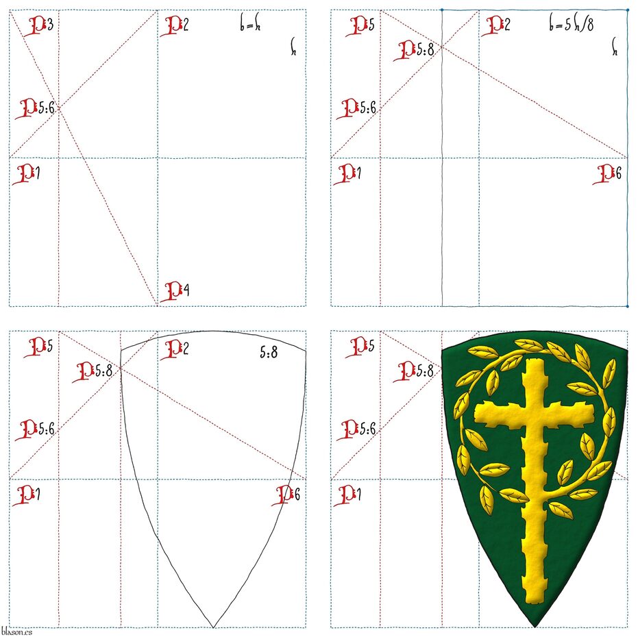 Escudo de sinople, una cruz latina ecotada, de cuyo flanco siniestro nace una rama hojada que rodea la cruz por su parte superior hasta enlazarse sobre su nacimiento, toda de oro.