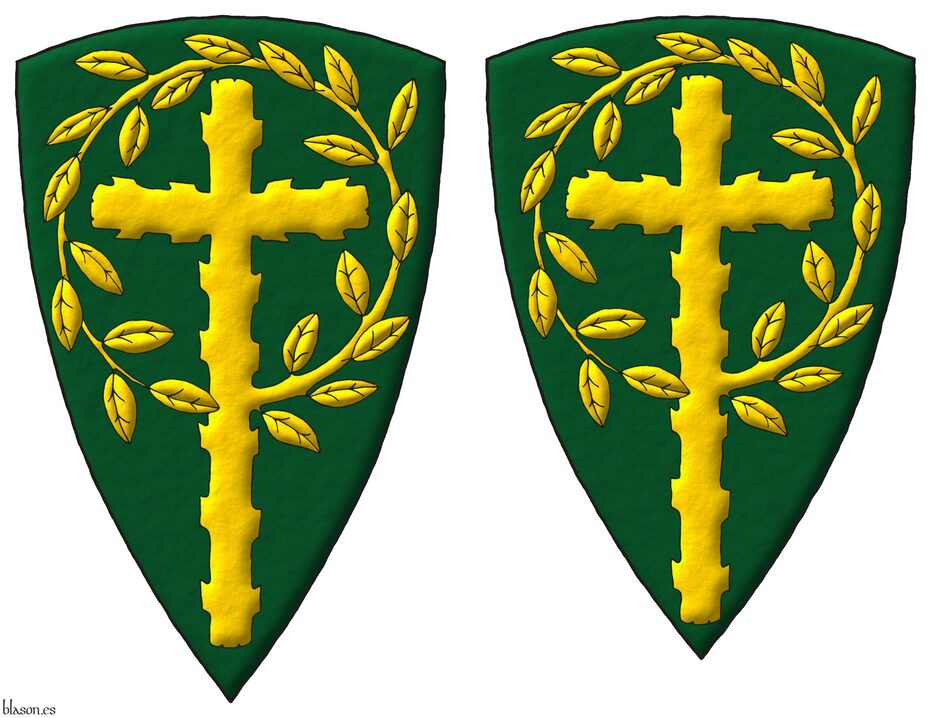 Escudo de sinople, una cruz latina ecotada, de cuyo flanco siniestro nace una rama hojada que rodea la cruz por su parte superior hasta enlazarse sobre su nacimiento, toda de oro.