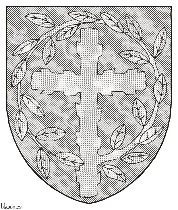 Vert, a Latin cross, raguly, issuant from its sinister a leaved offshoot encircling the cross, its end terminating and debruising the lower limb Or.