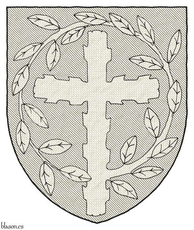 Vert, a Latin cross, raguly, issuant from its sinister a leaved offshoot encircling the cross, its end terminating and debruising the lower limb Or.