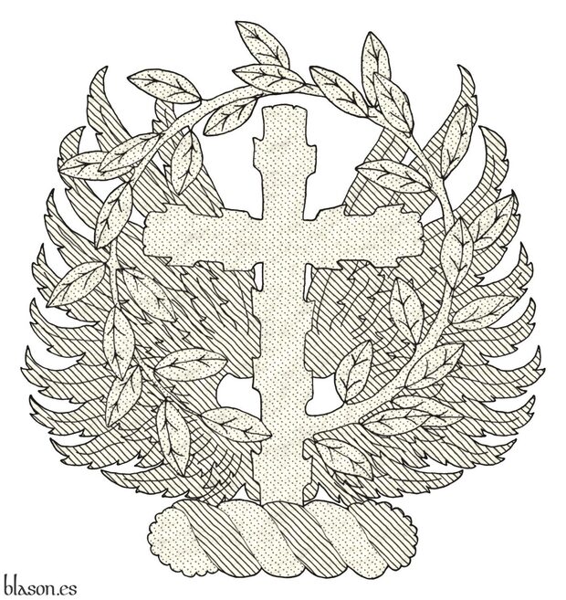 Upon a wreath Or and Vert, a pair of wings displayed Vert, debruised by a Latin cross, raguly, couped at random, issuant from its sinister a leaved offshoot encircling the cross, its end terminating and debruising the lower limb Or.