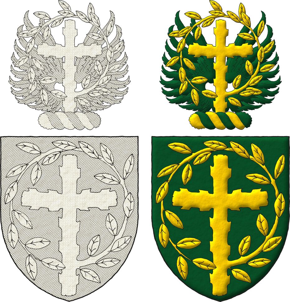 Vert, a Latin cross, raguly, issuant from its sinister a leaved offshoot encircling the cross, its end terminating and debruising the lower limb Or. Crest: Upon a wreath Or and Vert, a pair of wings displayed Vert, debruised by a Latin cross, raguly, couped at random, issuant from its sinister a leaved offshoot encircling the cross, its end terminating and debruising the lower limb Or.