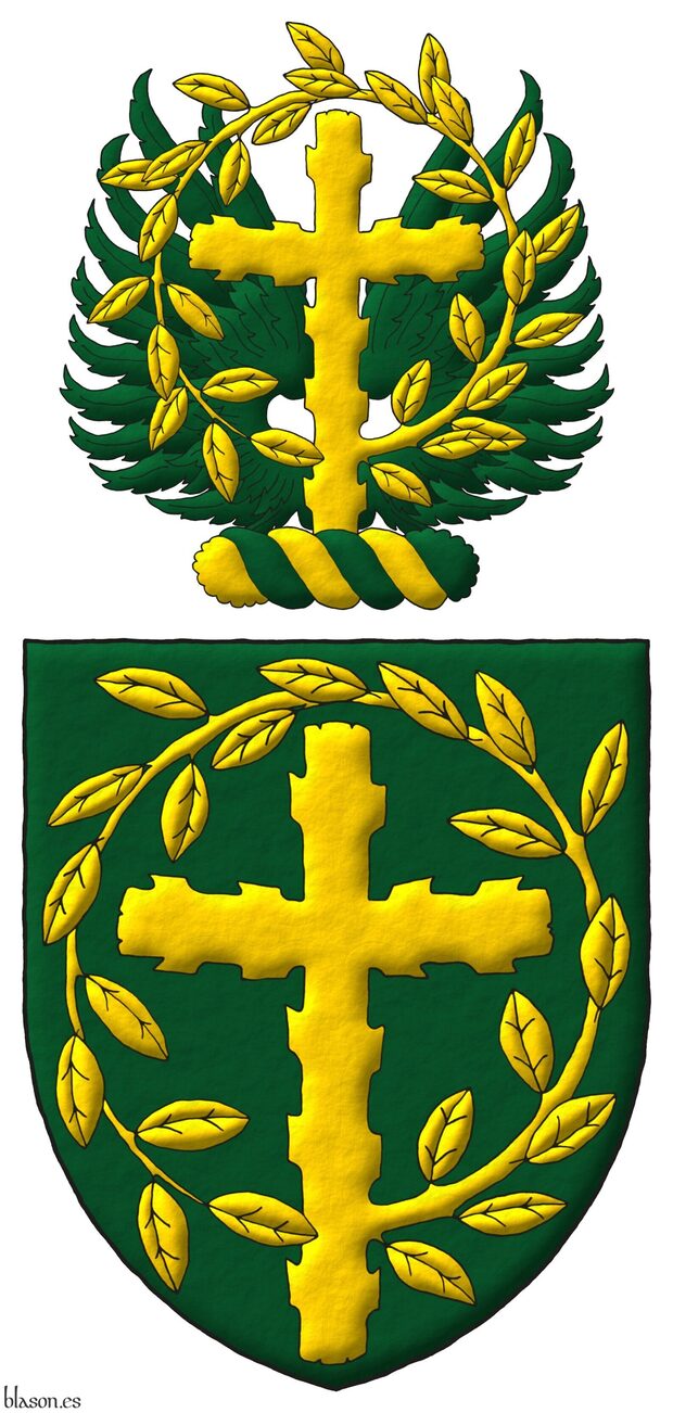 Vert, a Latin cross, raguly, issuant from its sinister a leaved offshoot encircling the cross, its end terminating and debruising the lower limb Or. Crest: Upon a wreath Or and Vert, a pair of wings displayed Vert, debruised by a Latin cross, raguly, couped at random, issuant from its sinister a leaved offshoot encircling the cross, its end terminating and debruising the lower limb Or.