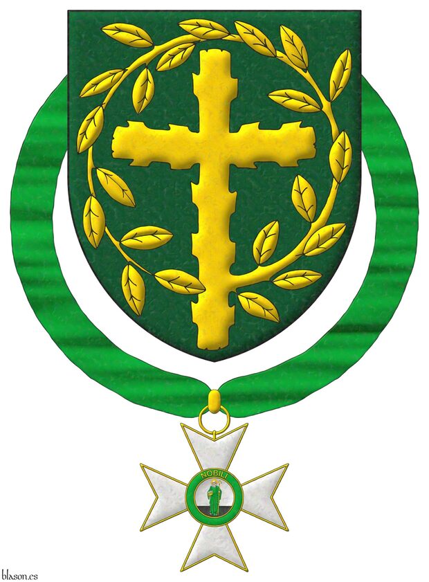 Escudo de sinople, una cruz latina ecotada, de cuyo flanco siniestro nace una rama hojada que rodea la cruz por su parte superior hasta enlazarse sobre su nacimiento, toda de oro. El escudo est� rodeado de la cruz de la Orden Ecuestre, Secular y Capitular de San Joaqu�n.