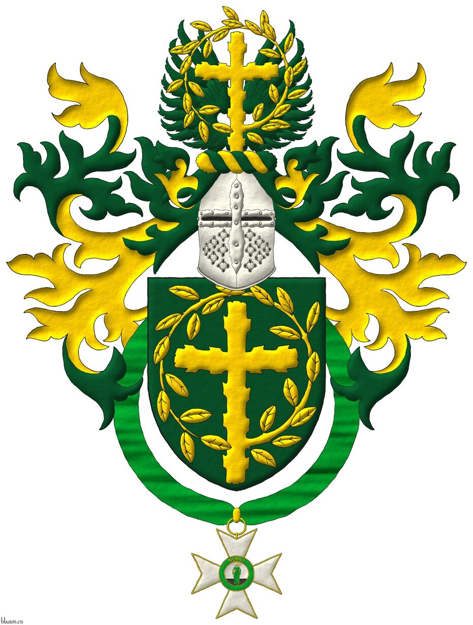 Escudo de sinople, una cruz latina ecotada, de cuyo flanco siniestro nace una rama hojada que rodea la cruz por su parte superior hasta enlazarse sobre su nacimiento, toda de oro. Timbrado de yelmo de frente, adornado de dos lambrequines de sinople doblados de oro, un burelete de oro y sinople, cimado de un vuelo de sinople, resaltado de una cruz latina ecotada, de cuyo flanco siniestro nace una rama hojada que rodea la cruz por su parte superior hasta enlazarse sobre su nacimiento, toda de oro. El escudo est� rodeado de la cruz de la Orden Ecuestre, Secular y Capitular de San Joaqu�n.