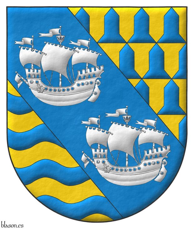 Tierced per bend: 1 vairy Or and Azure; 2 Azure, two ships in full sail, in bend Argent; 3 Or, four bars wavy Azure.