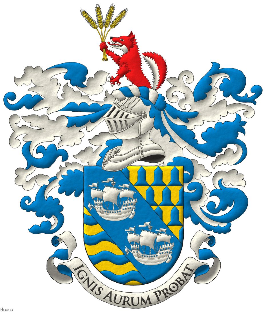 Escudo terciado en banda: 1o verado de oro y azur; 2o de azur, dos barcos en banda de plata; 3o de oro, cuatro burelas ondadas de azur. Timbrado de un yelmo, adornado de dos lambrequines de azur doblados de plata, un burelete de plata y azur, cimado de un zorro rojo naciente al natural, teniendo en su diestra cuatro espigas de trigo de oro. Lema: Ignis Aurum Probat.
