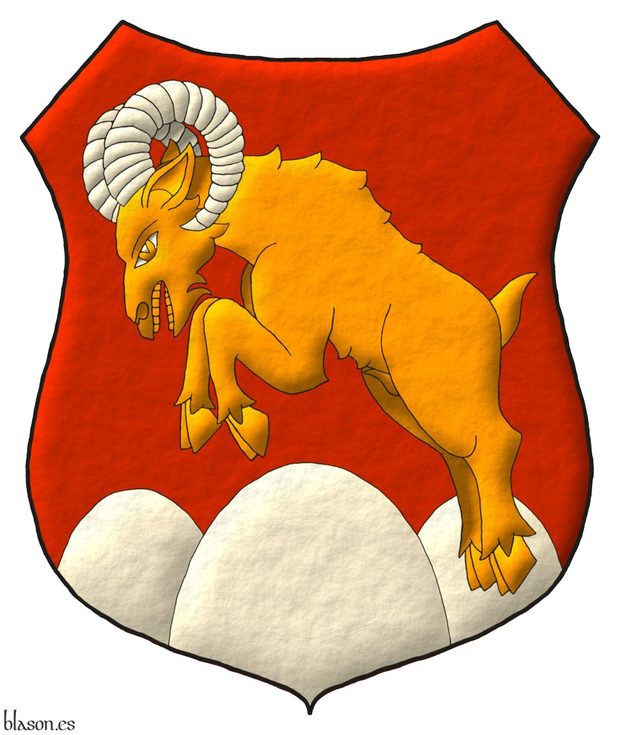 Escudo de gules, un monte de tres peas moviente de la punta de plata sumado de un borrego cimarrn saltante de oro, acornado de plata.