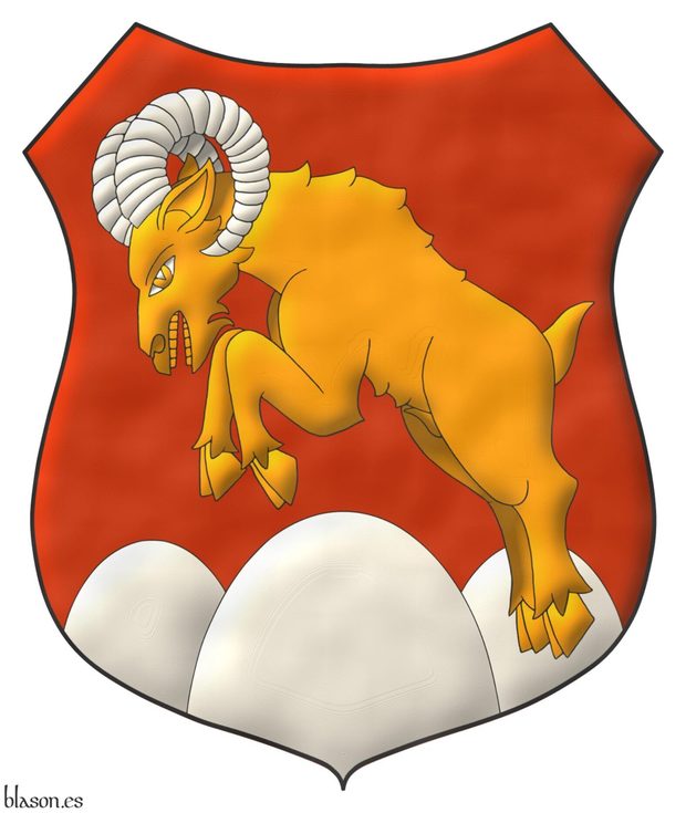 Gules, on a trimount issuant from the base Argent a bighorn sheep salient Or, horned Argent.