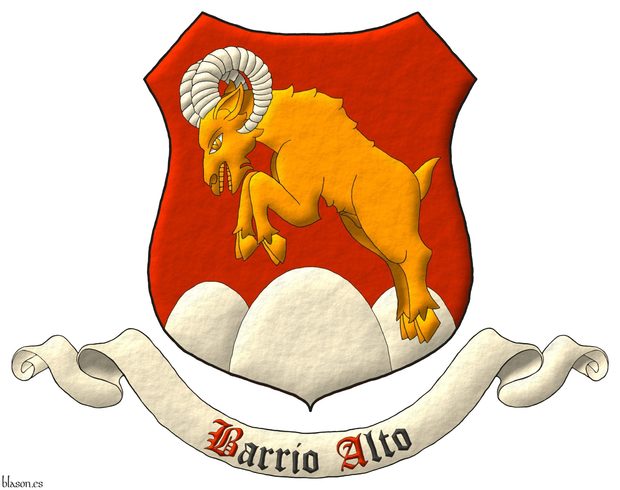 Escudo de gules, un monte de tres peas moviente de la punta de plata sumado de un borrego cimarrn saltante de oro, acornado de plata. Divisa: Barrio Alto de sable, con iniciales de gules, sobre una filacteria de plata.