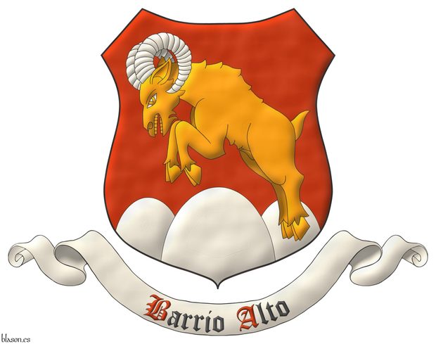 Gules, on a trimount issuant from the base Argent a bighorn sheep salient Or, horned Argent. Motto: Barrio Alto Sable with initial letters Gules over a scroll Argent.