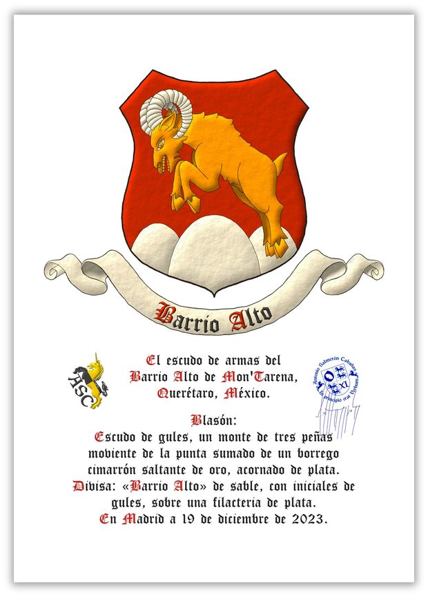 Gules, on a trimount issuant from the base Argent a bighorn sheep salient Or, horned Argent. Motto: Barrio Alto Sable with initial letters Gules over a scroll Argent.