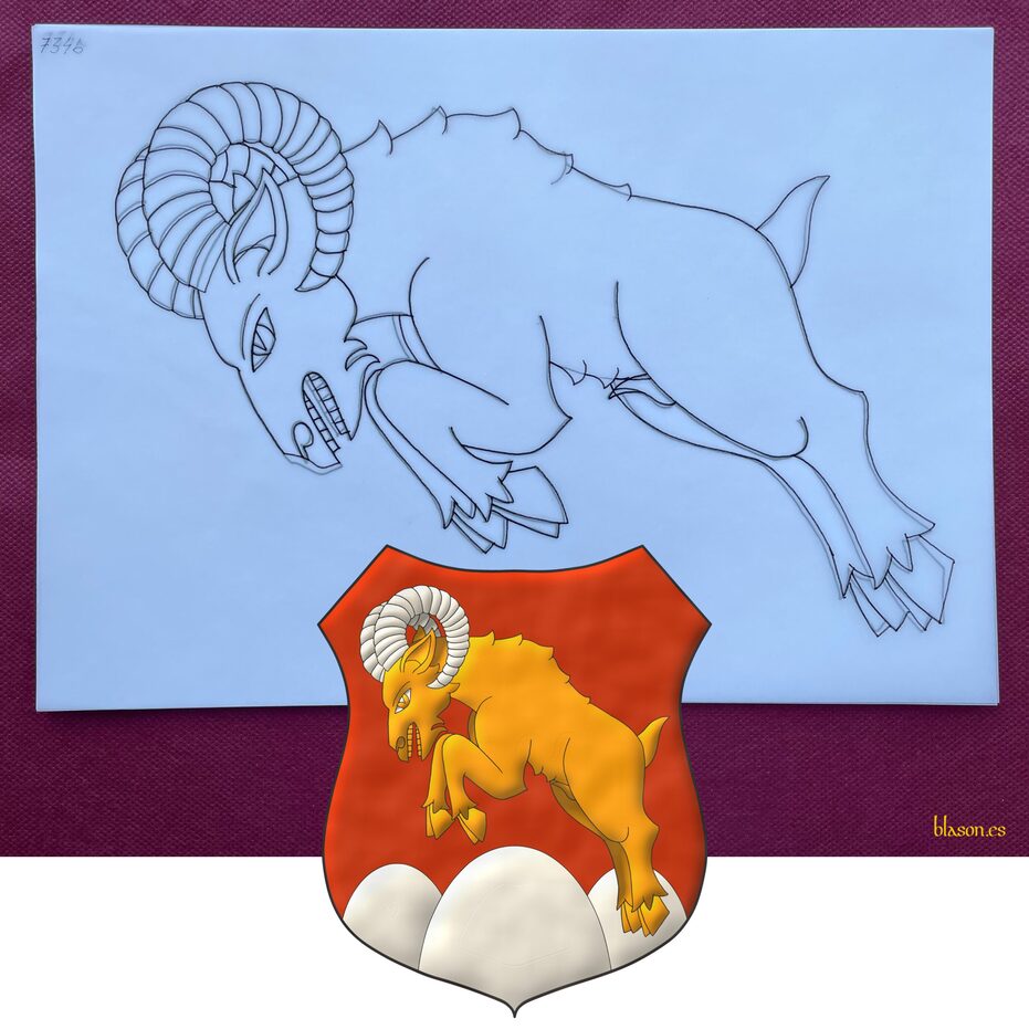 Escudo de gules, un monte de tres pe�as moviente de la punta de plata sumado de un borrego cimarr�n saltante de oro, acornado de plata.