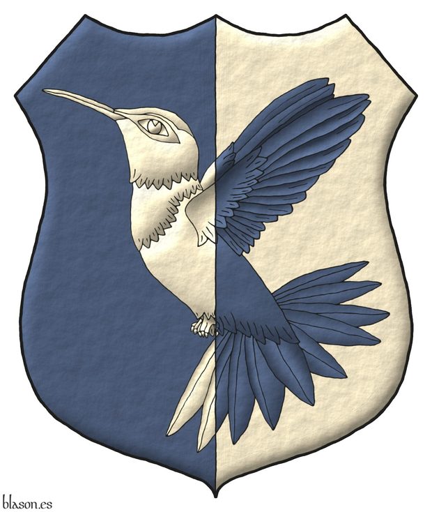 Escudo partido de azur y plata, un colibr volante puesto en banda del uno al otro.