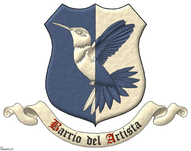 Escudo partido de azur y plata, un colibr volante puesto en banda del uno al otro. Divisa: Barrio del Artista de sable, con iniciales de gules, sobre una filacteria de plata.