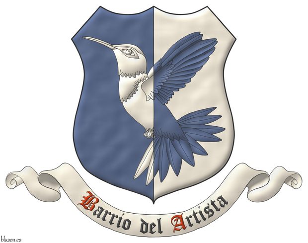 Party per pale Azure and Argent, a hummingbird volant bendwise counterchanged. Motto: Barrio del Artista Sable with initial letters Gules over a scroll Argent.