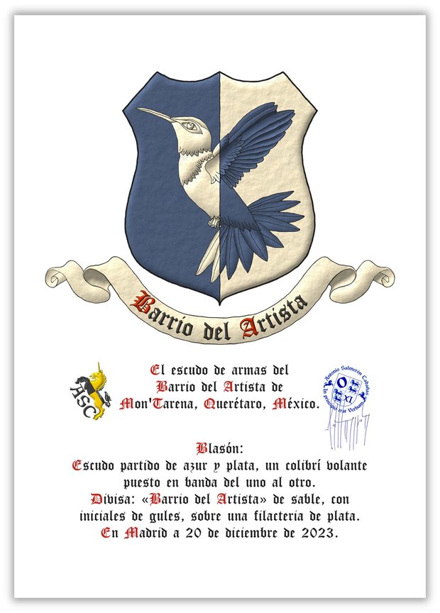 Party per pale Azure and Argent, a hummingbird volant bendwise counterchanged. Motto: Barrio del Artista Sable with initial letters Gules over a scroll Argent.