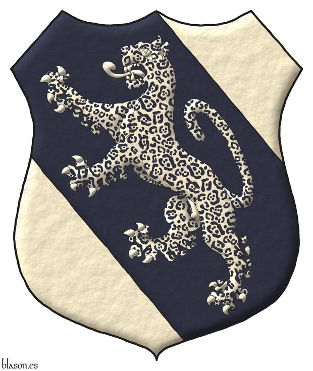 Escudo de plata, una banda de azur cargada de un jaguar rampante de plata, manchado de azur.