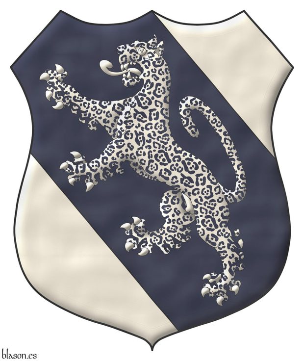 Argent, a bend Azure charged with a jaguar rampant Argent, spotted Azure.