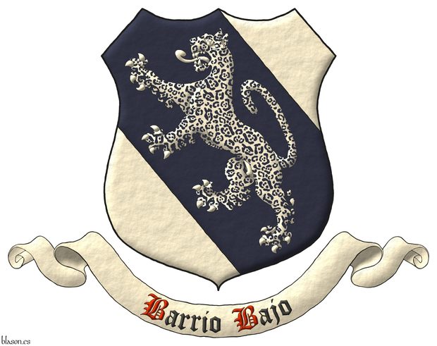 Escudo de plata, una banda de azur cargada de un jaguar rampante de plata, manchado de azur. Divisa: Barrio Bajo de sable, con iniciales de gules, sobre una filacteria de plata.