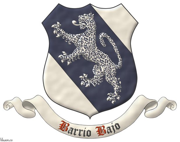Argent, a bend Azure charged with a jaguar rampant Argent, spotted Azure. Motto: Barrio Bajo Sable with initial letters Gules over a scroll Argent.