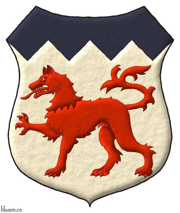 Escudo de plata, un lobo pasante de gules, un jefe centellado de azur.