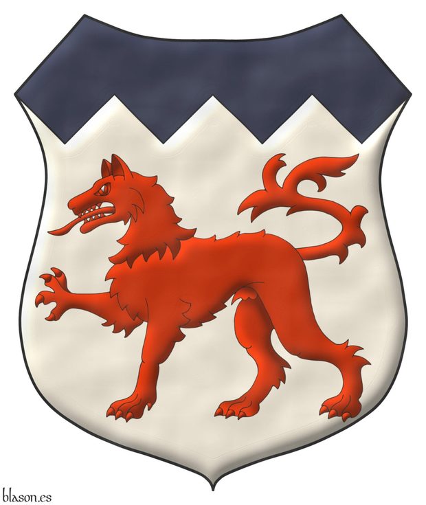 Argent, a wolf passant Gules, a chief dancetty Azure.