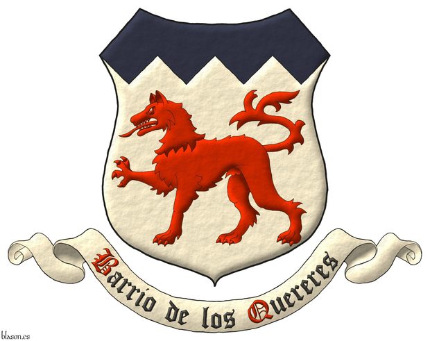 Escudo de plata, un lobo pasante de gules, un jefe centellado de azur. Divisa: Barrio de los Quereres de sable, con iniciales de gules, sobre una filacteria de plata.