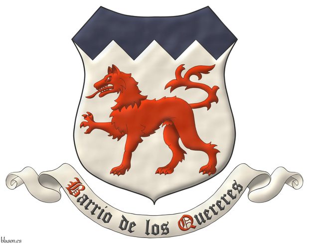 Argent, a wolf passant Gules, a chief dancetty Azure. Motto: Barrio de los Quereres Sable with initial letters Gules over a scroll Argent.