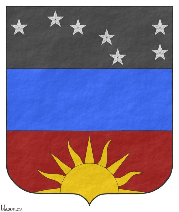 Escudo terciado en faja: 1o de sable, siete estrellas de cinco puntas de plata dispuestas como el Carro de la Osa Mayor; 2o de azur; 3o de sanguneo con un sol moviente de la punta de oro.