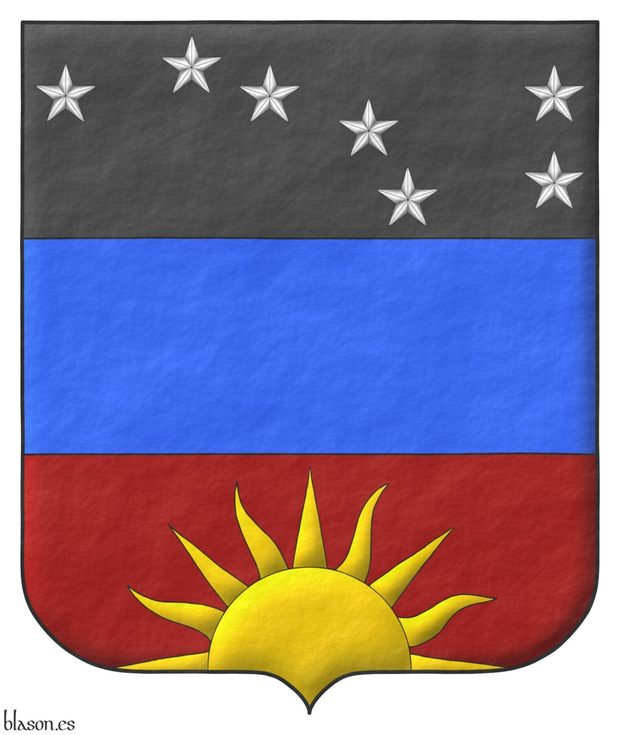 Escudo terciado en faja: 1o de sable, siete estrellas de cinco puntas de plata dispuestas como el Carro de la Osa Mayor; 2o de azur; 3o de sanguneo con un sol moviente de la punta de oro.
