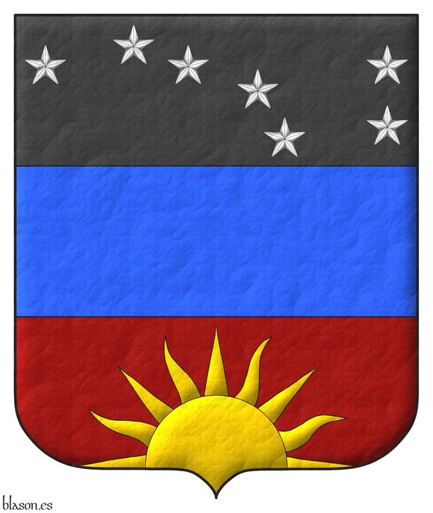 Tierced per fess: 1 Sable, seven mullets Argent arranged as the Plough of Ursa Major; 2 Azure; 3 Sanguine, a demi-sun issuant from base Or.