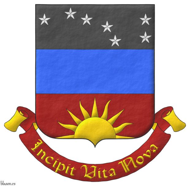 Escudo terciado en faja: 1o de sable, siete estrellas de cinco puntas de plata dispuestas como el Carro de la Osa Mayor; 2o de azur; 3o de sanguneo con un sol moviente de la punta de oro. Lema: Incipit Vita Nova de oro, sobre una filacteria de sanguneo doblada de oro.