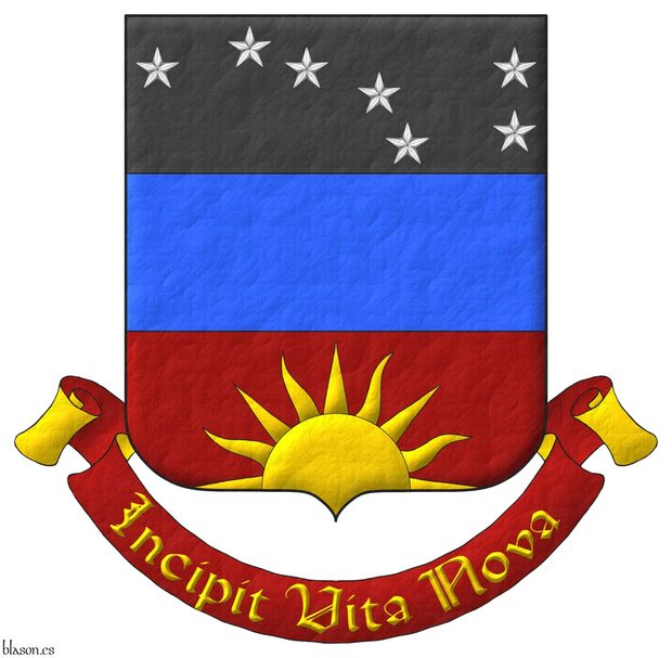 Tierced per fess: 1 Sable, seven mullets Argent arranged as the Plough of Ursa Major; 2 Azure; 3 Sanguine, a demi-sun issuant from base Or. Motto: Incipit Vita Nova Or, over a scroll Sanguine doubled Or.