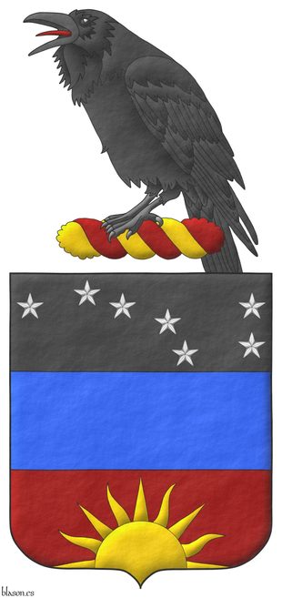 Escudo terciado en faja: 1o de sable, siete estrellas de cinco puntas de plata dispuestas como el Carro de la Osa Mayor; 2o de azur; 3o de sanguneo con un sol moviente de la punta de oro. Timbrado de un burelete de oro y sanguneo, cimado de un cuervo al natural.