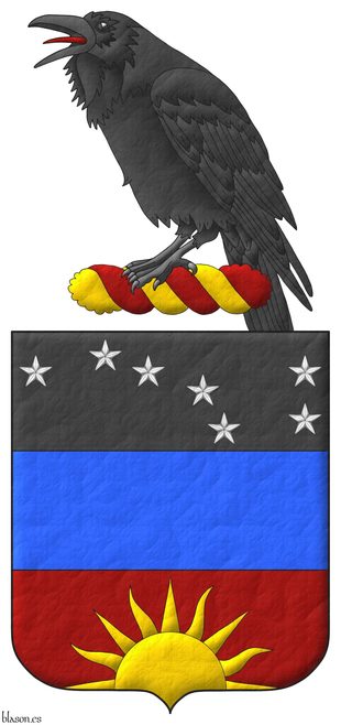Tierced per fess: 1 Sable, seven mullets Argent arranged as the Plough of Ursa Major; 2 Azure; 3 Sanguine, a demi-sun issuant from base Or. Crest: Upon a wreath Sanguine and Or, a raven proper.