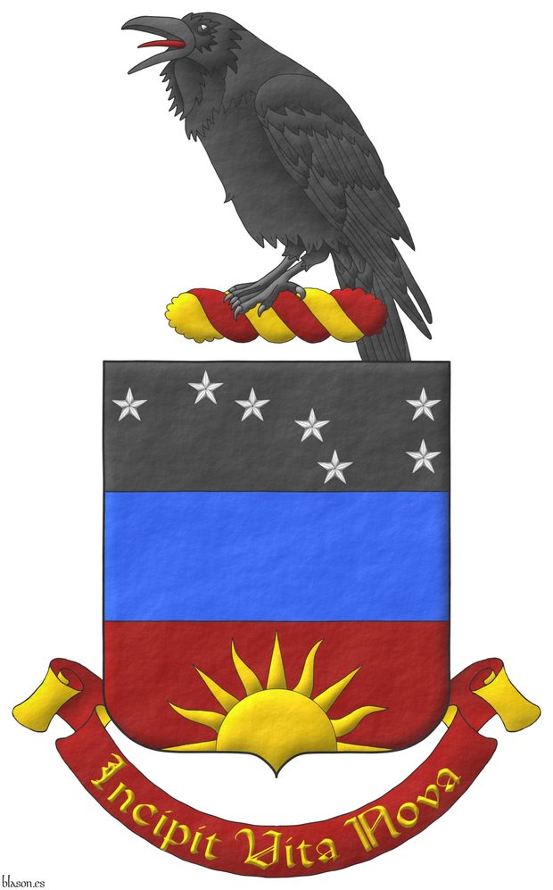 Escudo terciado en faja: 1o de sable, siete estrellas de cinco puntas de plata dispuestas como el Carro de la Osa Mayor; 2o de azur; 3o de sanguneo con un sol moviente de la punta de oro. Timbrado de un burelete de oro y sanguneo, cimado de un cuervo al natural. Lema: Incipit Vita Nova de oro, sobre una filacteria de sanguneo doblada de oro.