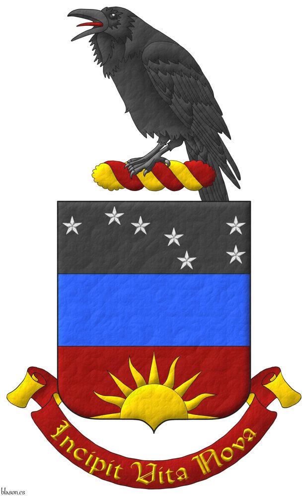 Tierced per fess: 1 Sable, seven mullets Argent arranged as the Plough of Ursa Major; 2 Azure; 3 Sanguine, a demi-sun issuant from base Or. Crest: Upon a wreath Sanguine and Or, a raven proper. Motto: Incipit Vita Nova Or, over a scroll Sanguine doubled Or.