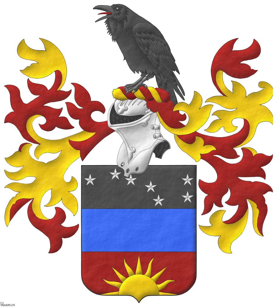 Escudo terciado en faja: 1o de sable, siete estrellas de cinco puntas de plata dispuestas como el Carro de la Osa Mayor; 2o de azur; 3o de sanguneo con un sol moviente de la punta de oro. Timbrado de un yelmo adornado de dos lambrequines de sanguneo doblados oro, un burelete de oro y sanguneo, cimado de un cuervo al natural.