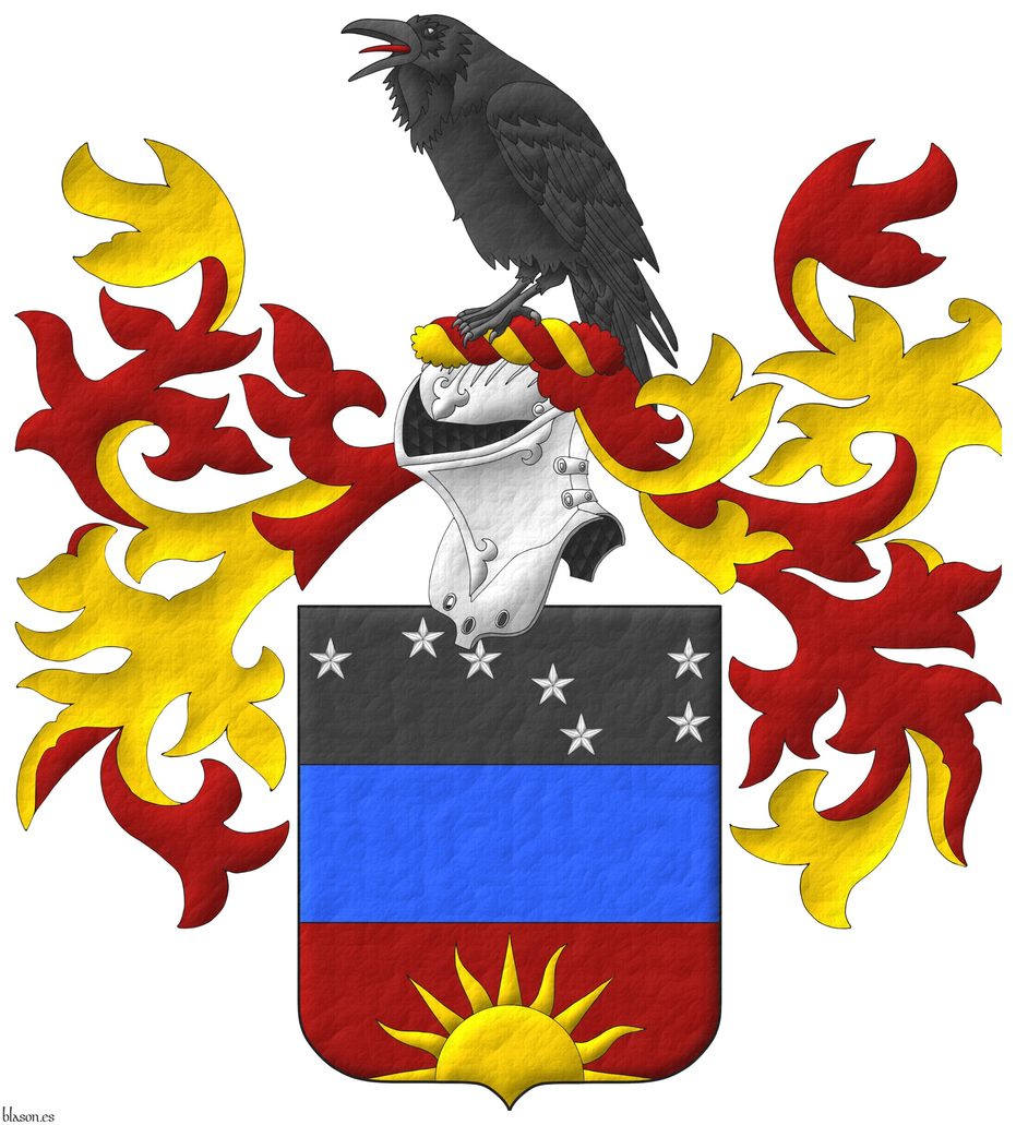Tierced per fess: 1 Sable, seven mullets Argent arranged as the Plough of Ursa Major; 2 Azure; 3 Sanguine, a demi-sun issuant from base Or. Crest: Upon a helm with a wreath Sanguine and Or, a raven proper. Mantling: Sanguine doubled Or.