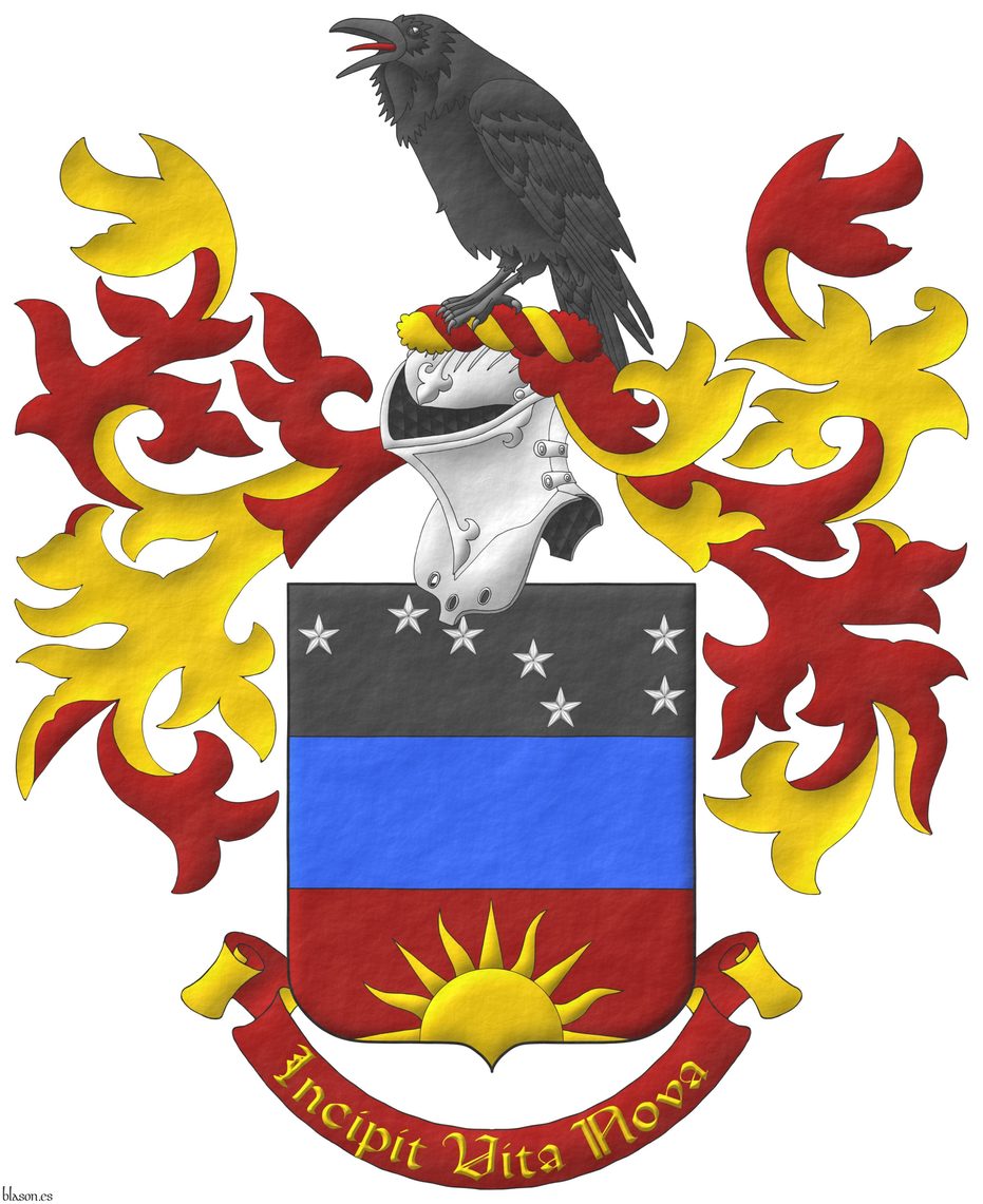 Escudo terciado en faja: 1o de sable, siete estrellas de cinco puntas de plata dispuestas como el Carro de la Osa Mayor; 2o de azur; 3o de sanguneo con un sol moviente de la punta de oro. Timbrado de un yelmo adornado de dos lambrequines de sanguneo doblados oro, un burelete de oro y sanguneo, cimado de un cuervo al natural. Lema: Incipit Vita Nova de oro, sobre una filacteria de sanguneo doblada de oro.
