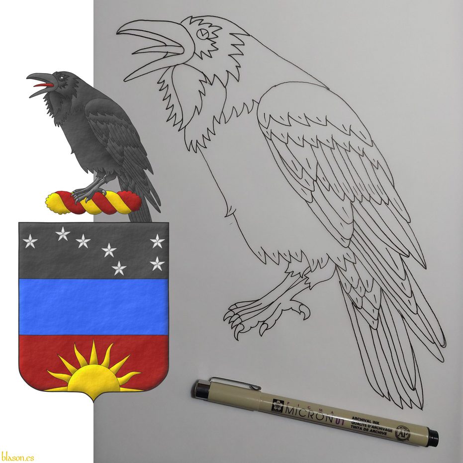 Tierced per fess: 1 Sable, seven mullets Argent arranged as the Plough of Ursa Major; 2 Azure; 3 Sanguine, a demi-sun issuant from base Or. Crest: Upon a wreath Or and Sanguine, a raven proper.