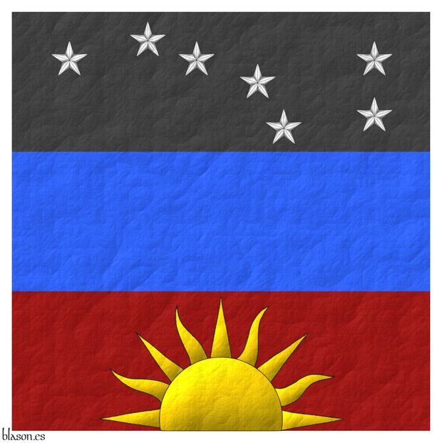 Tierced per fess: 1 Sable, seven mullets Argent arranged as the Plough of Ursa Major; 2 Azure; 3 Sanguine, a demi-sun issuant from base Or.