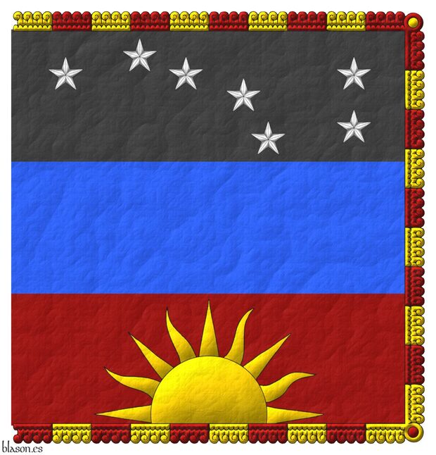 Tierced per fess: 1 Sable, seven mullets Argent arranged as the Plough of Ursa Major; 2 Azure; 3 Sanguine, a demi-sun issuant from base Or; all fringed Or and Sanguine.