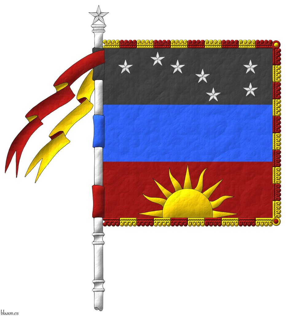 Tierced per fess: 1 Sable, seven mullets Argent arranged as the Plough of Ursa Major; 2 Azure; 3 Sanguine, a demi-sun issuant from base Or; all fringed Or and Sanguine and suspended from a staff ensigned by a mullet of five points Argent, and two ribbons Sanguine doubled Or flying.