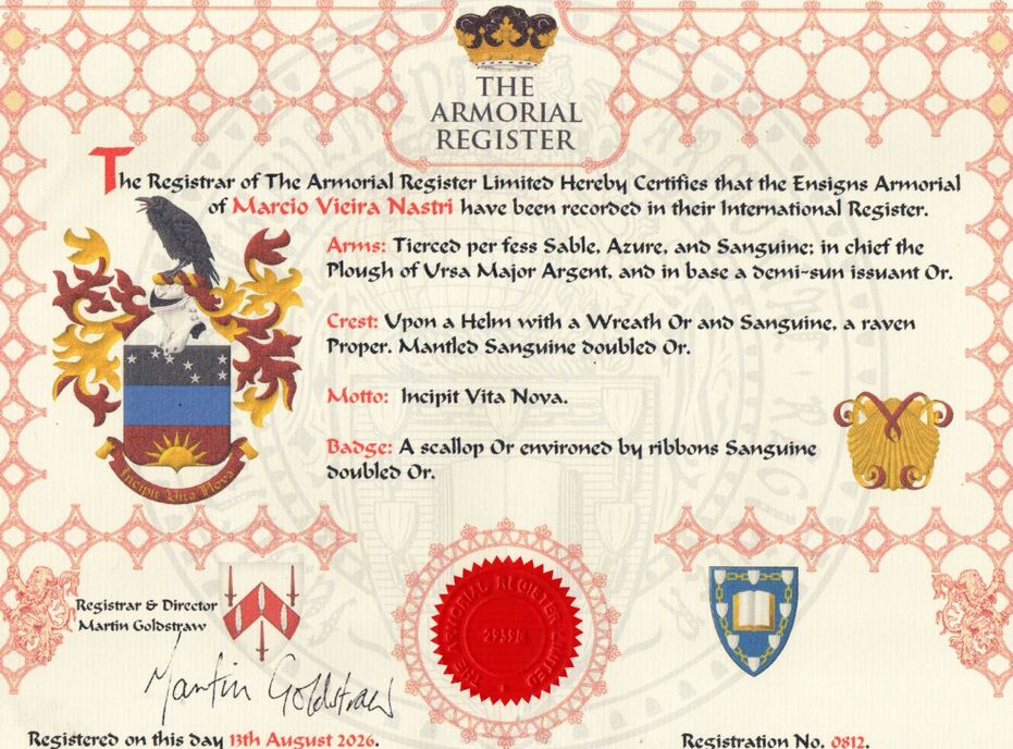 [ Tierced per fess: 1 Sable, seven mullets Argent arranged as the Plough of Ursa Major; 2 Azure; 3 Sanguine, a demi-sun issuant from base Or. Crest: Upon a helm with a wreath Or and Sanguine, a raven proper. Mantling: Sanguine doubled Or. Motto: �Incipit Vita Nova� Or, over a scroll Sanguine doubled Or ] and badge [ An escallop Or environed by ribbons Sanguine doubled Or ].