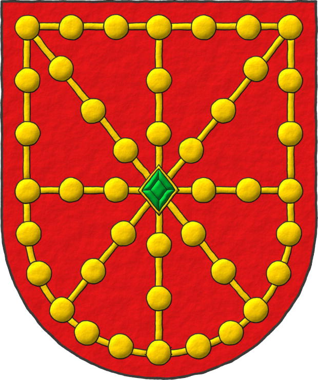 Escudo de gules, un carbunclo cerrado, pomelado de oro; brochante en el centro, una esmeralda en forma de losange de sinople.