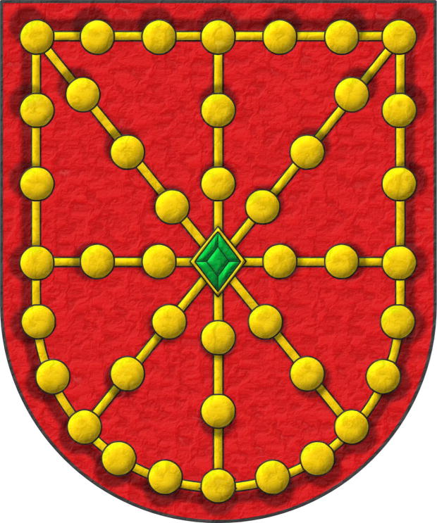 Escudo de gules, un carbunclo cerrado, pomelado de oro; brochante en el centro, una esmeralda en forma de losange de sinople.