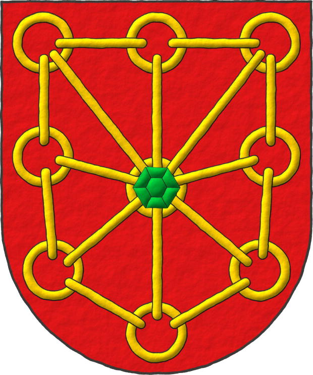 Escudo de gules, cinco cadenas enlazadas, dos en cruz, dos en sotuer y una puesta en orla de oro; brochante en el centro, una esmeralda de sinople.